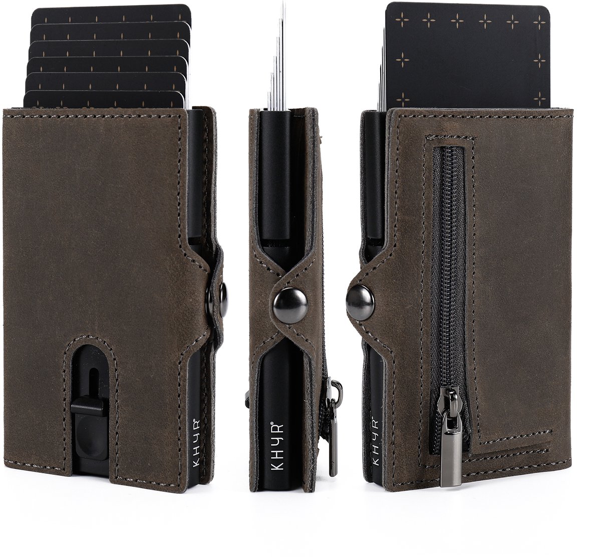 KHYR® Pasjeshouder - Aoraki Taupe Grey - Premium Crazy Horse Leer - Uitschuifbaar - RFID bescherming - Munten Ritsvak - Heren Portemonnee, Kaarthouder 7 Pasjes - Creditcardhouder voor Pasjes, Briefgeld, Munten - Mannen - Taupe Grijs