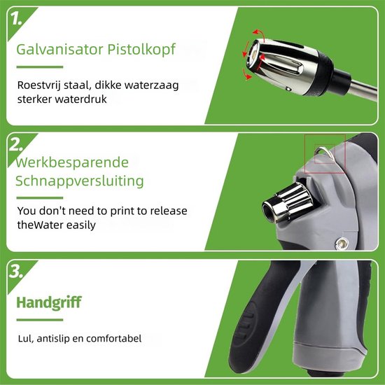 Autowaspistool - Tuinslang Pistool - Spuitpistool - Met Verstelbare Straal & Metalen Constructie - Met Drukknop - Voor Tuin & Auto & Schoonmaken — afbeelding 3