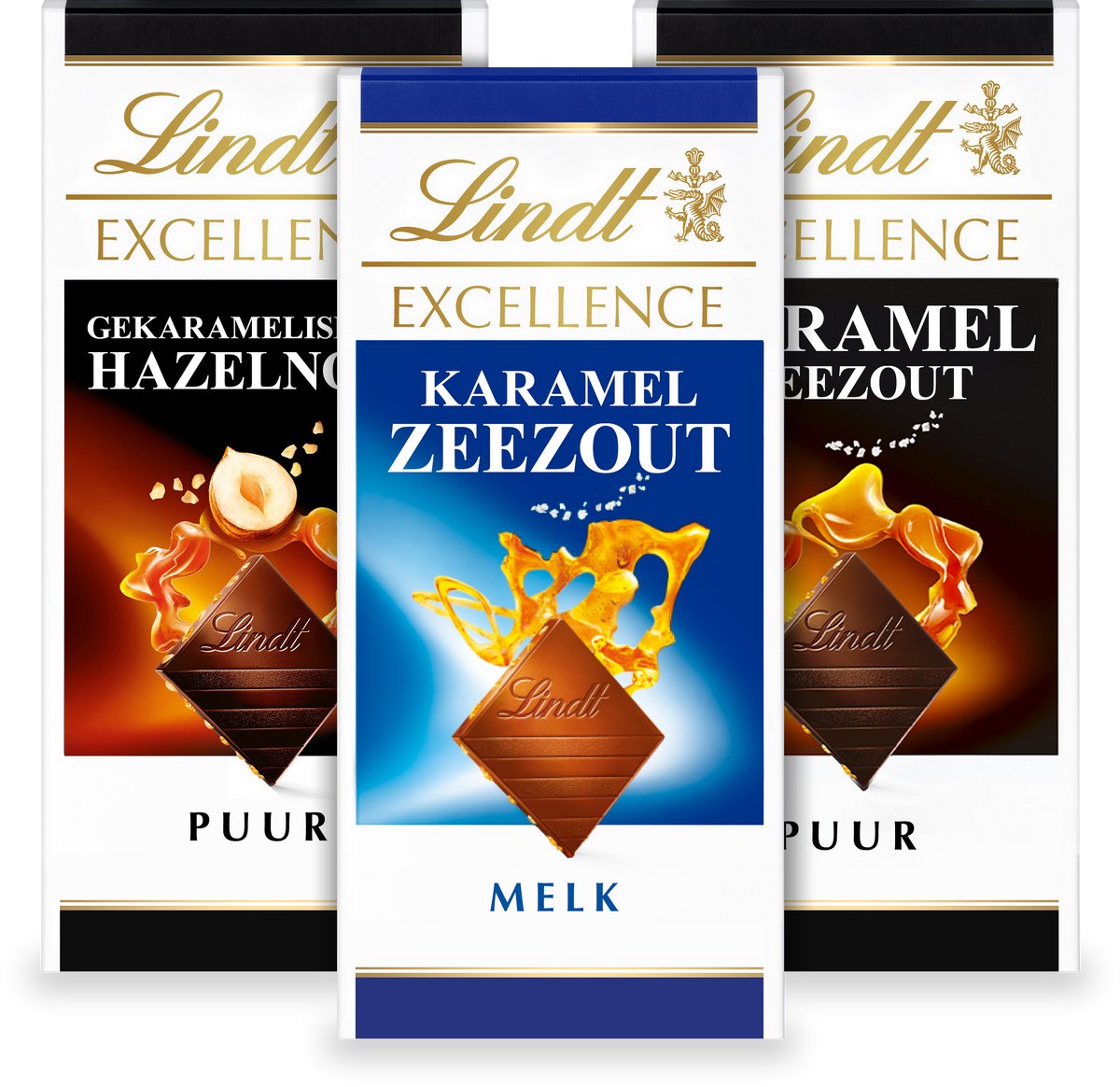 Lindt EXCELLENCE 3-pack Chocolade Repen Mix - Puur Karamel zeezout, Gekarameliseerde Hazelnoot, Melk Karamel Zeezout