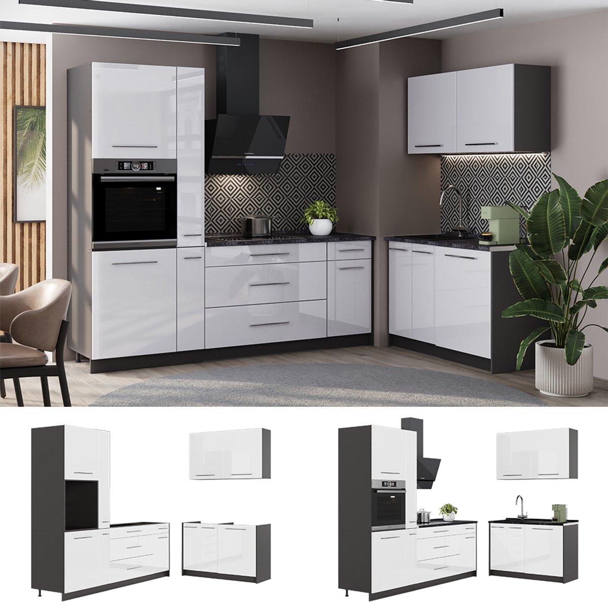 Vicco Keuken Fame-Line, Wit Hoogglans/Antraciet, 220 x 120 cm, WB Antraciet