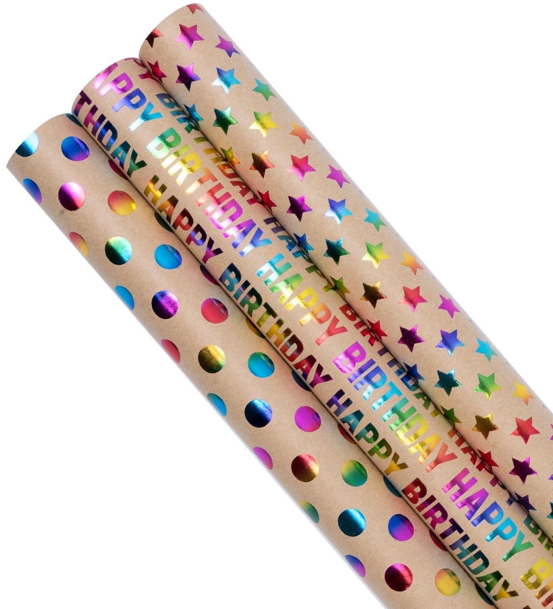 Dailygoods- Verpakkingpapier 3 Rollen - 43 cm x 3 m - Recyclebaar Kraftpapier - Happy Birthday/Thema - Geschikt voor Verjaardagen/Feesten - Hoogwaardig en Duurzaam - Cadeaupapier