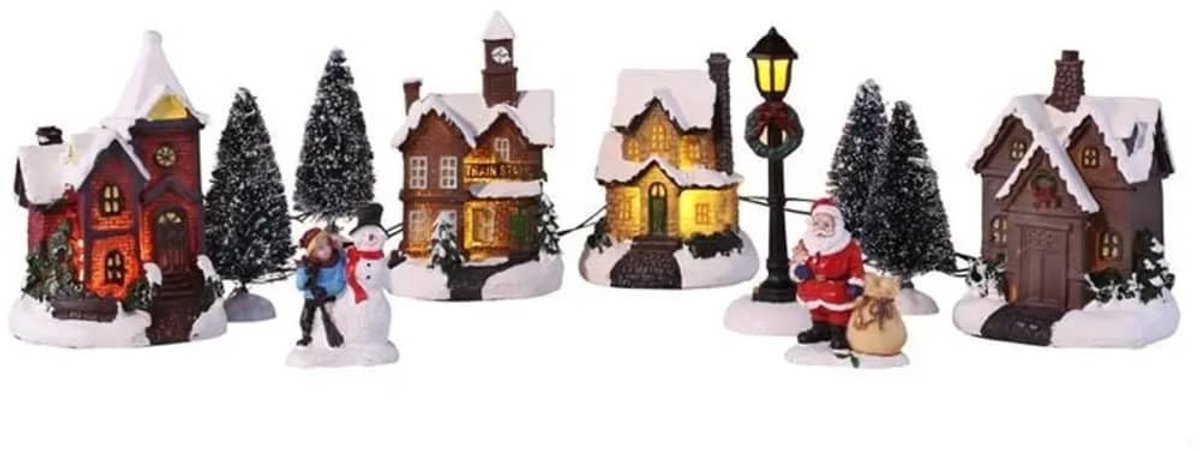 Dailygoods - Kerststad met Sneeuwdecoratie - 3D Kerstscène - LED-Lichthuisjes - Kleurrijk - Kerstmis Decoratie - Voor het Hele Gezin - 11 Onderdelen