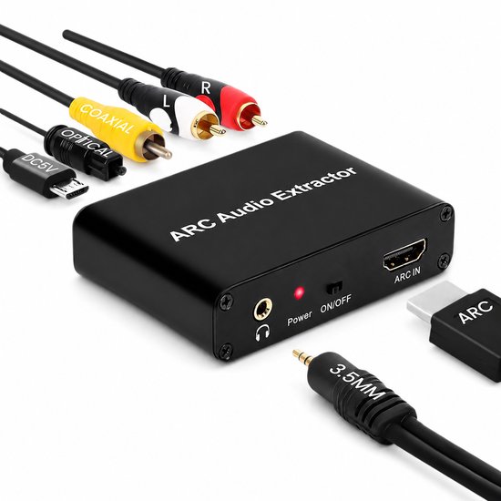 Zwarte ARC Audio Extractor met diverse aansluitingen: optisch, coaxiaal, RCA L/R, 3.5mm en DC5V.