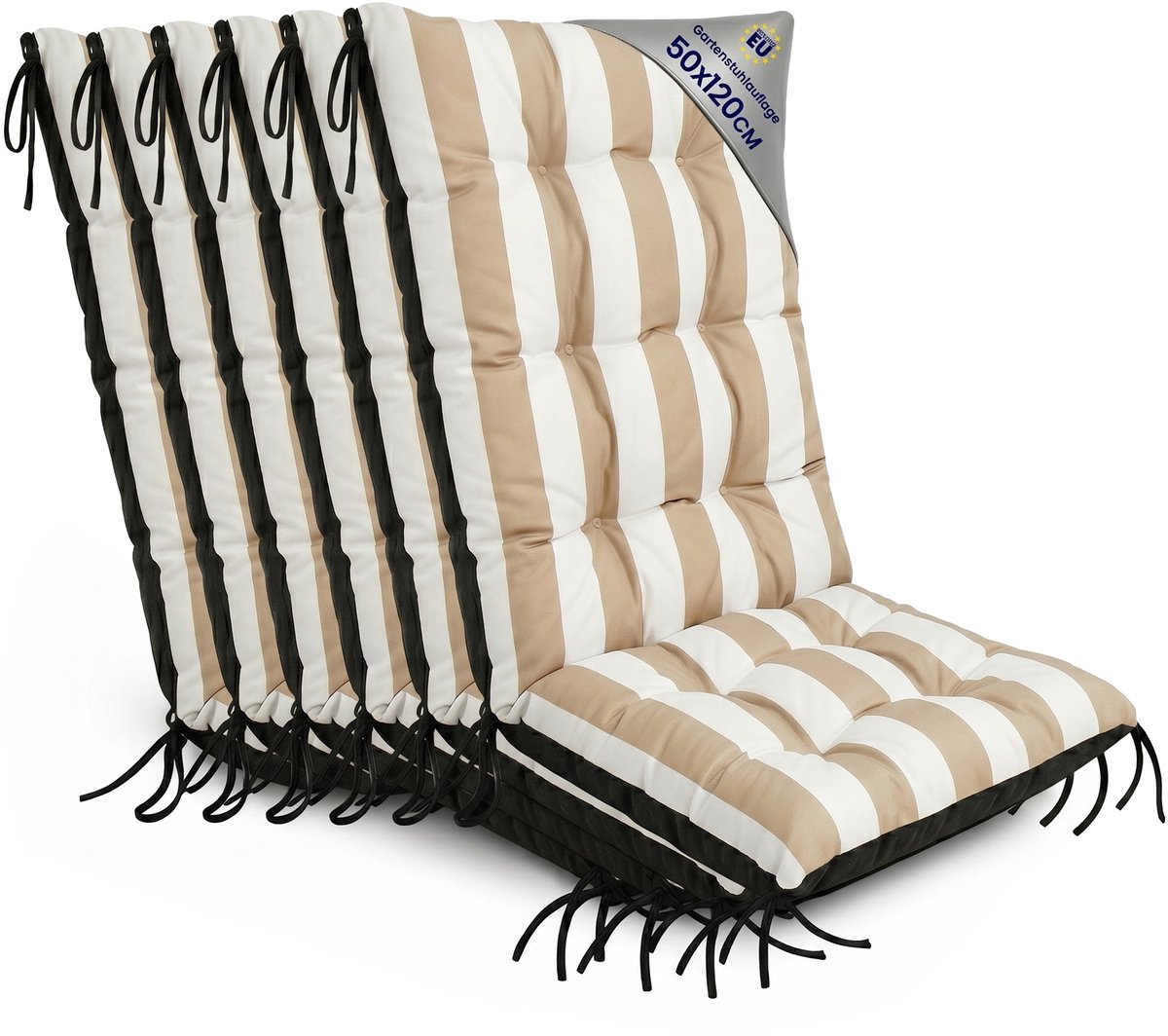 Tuinstoelkussens Hoge Rug Set: 6x 50x120 cm - Kussens voor Tuinstoelen & Standenstoel Terrasstoel Wit-beige strepen Stoelkussens Tuin Zitkussen Extra Dik 10 cm met Bindlinten