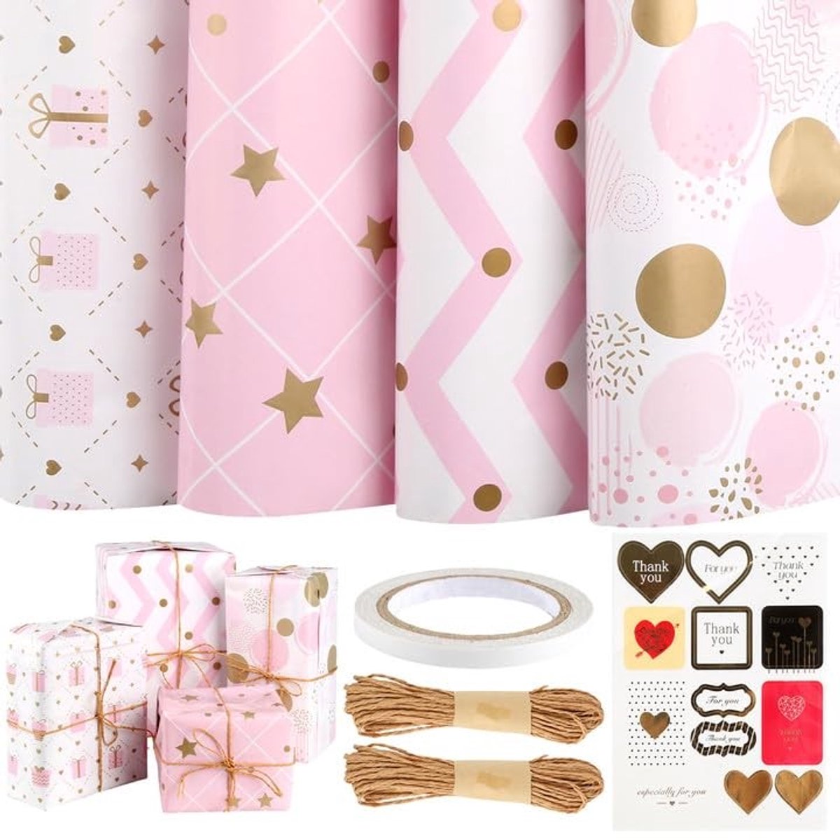 Dailygoods - Roze Geschenkpapier Set voor Meisjes - Inclusief Henneptouw en Stickers