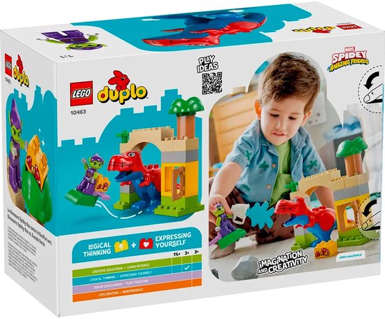 Doos van LEGO Duplo Spidey-Rex vs. Green Goblin met speelgoed en kind.