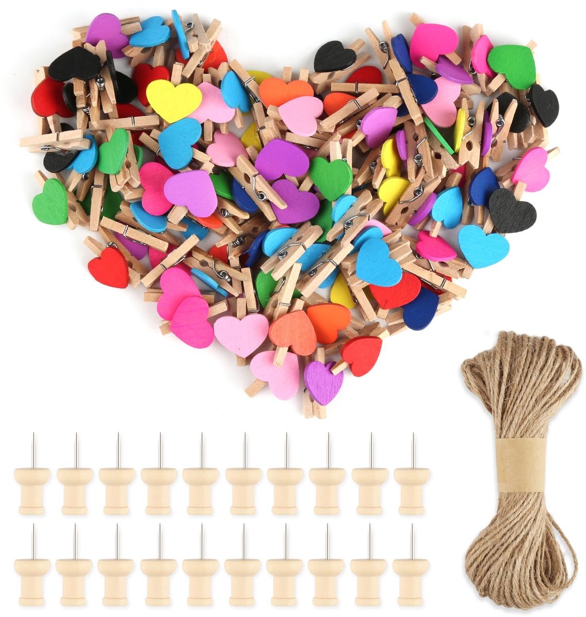 Dailygoods - 100 stuks mini-houten knijpers - Hartvormige wasknijpers in 10 kleuren