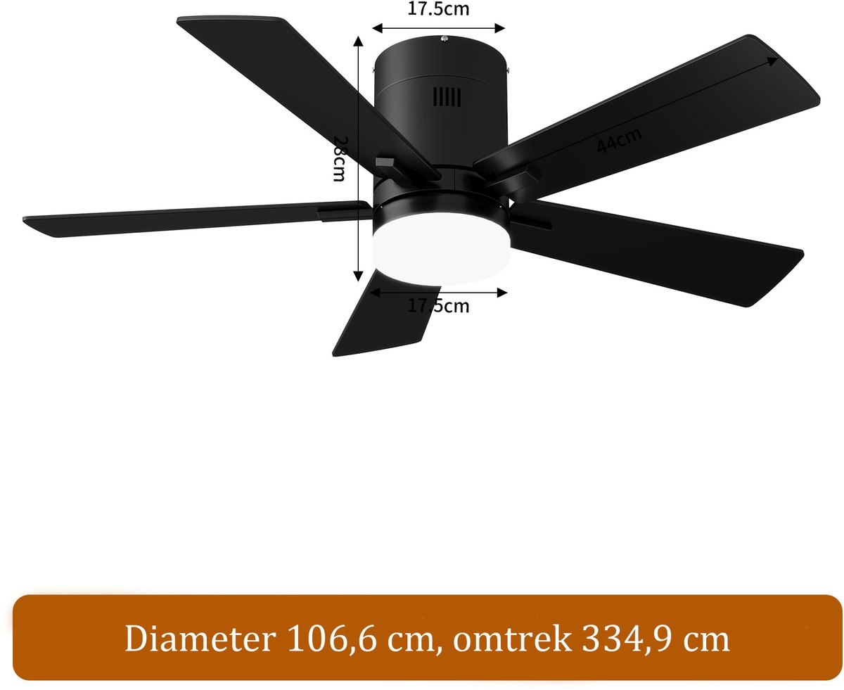 2-in-1 Plafondventilator, LED-Plafondventilator, 3 Instelbare Kleuren, 6 Snelheden, 5 Bladen, Timerfunctie, Geschikt voor Zowel Winter als Zomer, Ideaal voor Meer Comfort (Zwart, 107 cm)