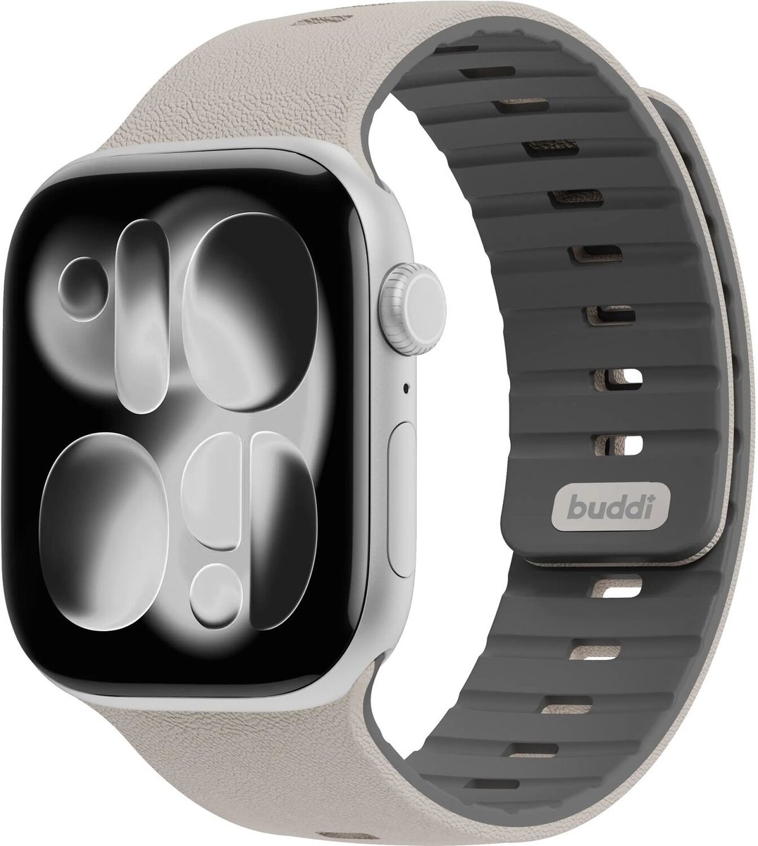 Buddi Luno Magnetisch Apple Watch Bandje - Geschikt voor Apple Watch 42mm (Series 11/10), 41mm (Series 9/8/7), 40mm (Series 6/5/4/SE 1/2/3), 38mm (Series 3/2/1) - Siliconen - Grijs