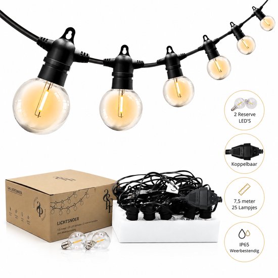 SEPH lichtslinger buiten, 7,5 meter, 25 lampjes, 2 reserve LED's. Kopppelbaar, IP65 weerbestendig.