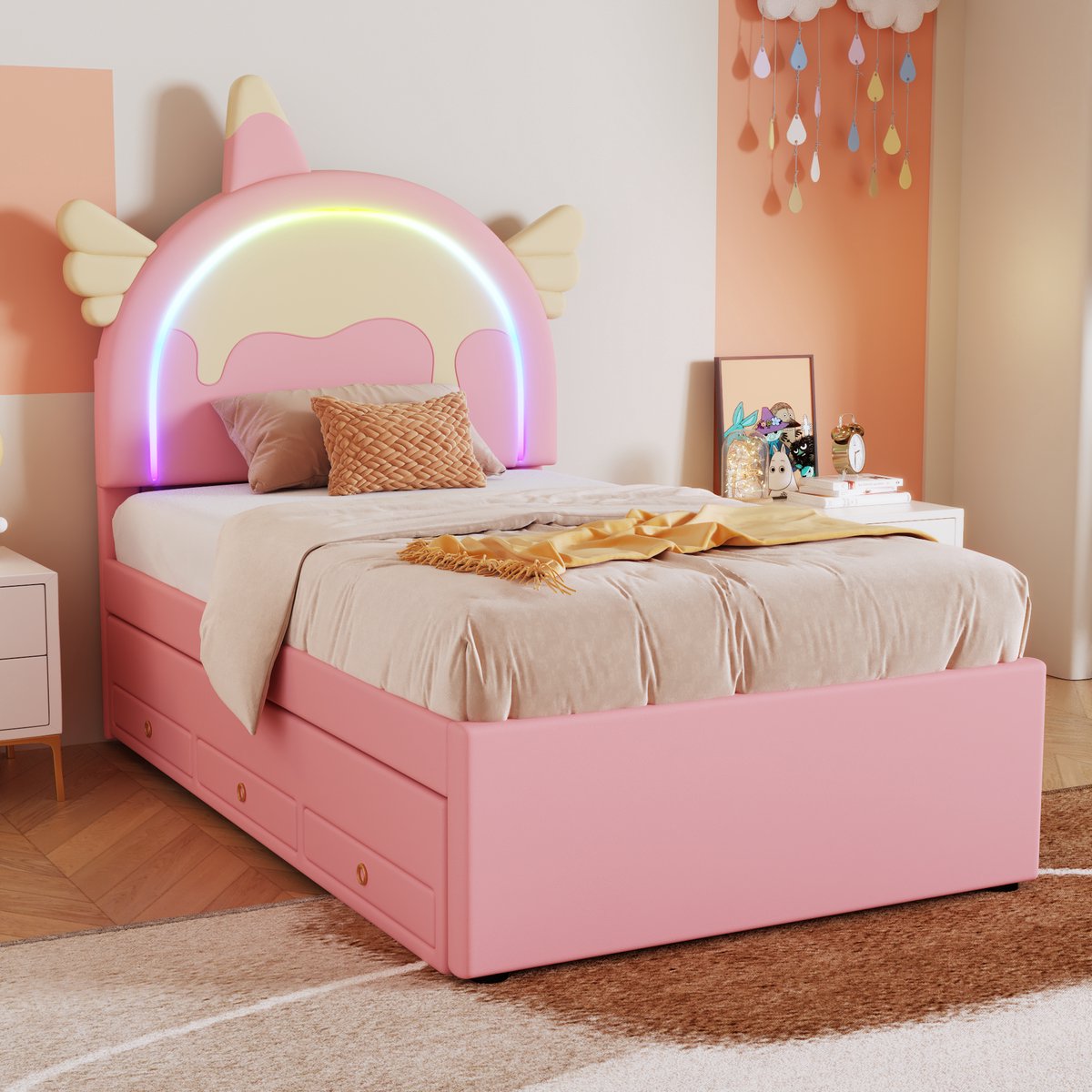 Eenhoorn kinderbed met uitschuifbed en lades - voor meisjeskamer en tienerkamer - 90x200 cm - Roze - Zachte PU-bekleding met cartoonontwerp - Inclusief 12 latten - 150 kg belastbaar — cadeau in Cadeau-ideeën - foto 7