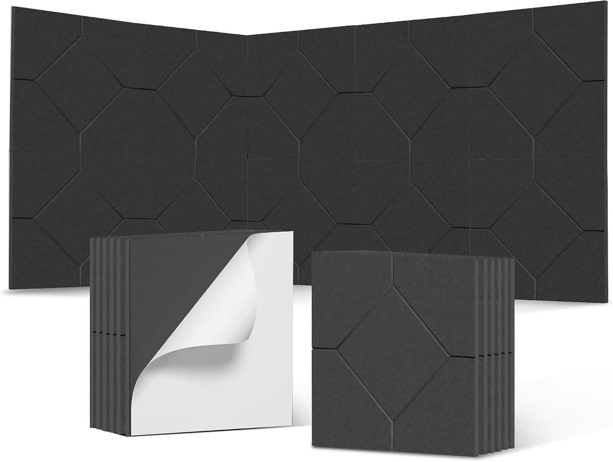 12 Stuks Ruitvorm Zelfklevende Akoestische Panelen 30x30cm, Geluiddempende Polyestervezel Muurpanelen Geluidsisolatie voor Studio, Kantoor en Slaapkamer, Zwart – NAIZY