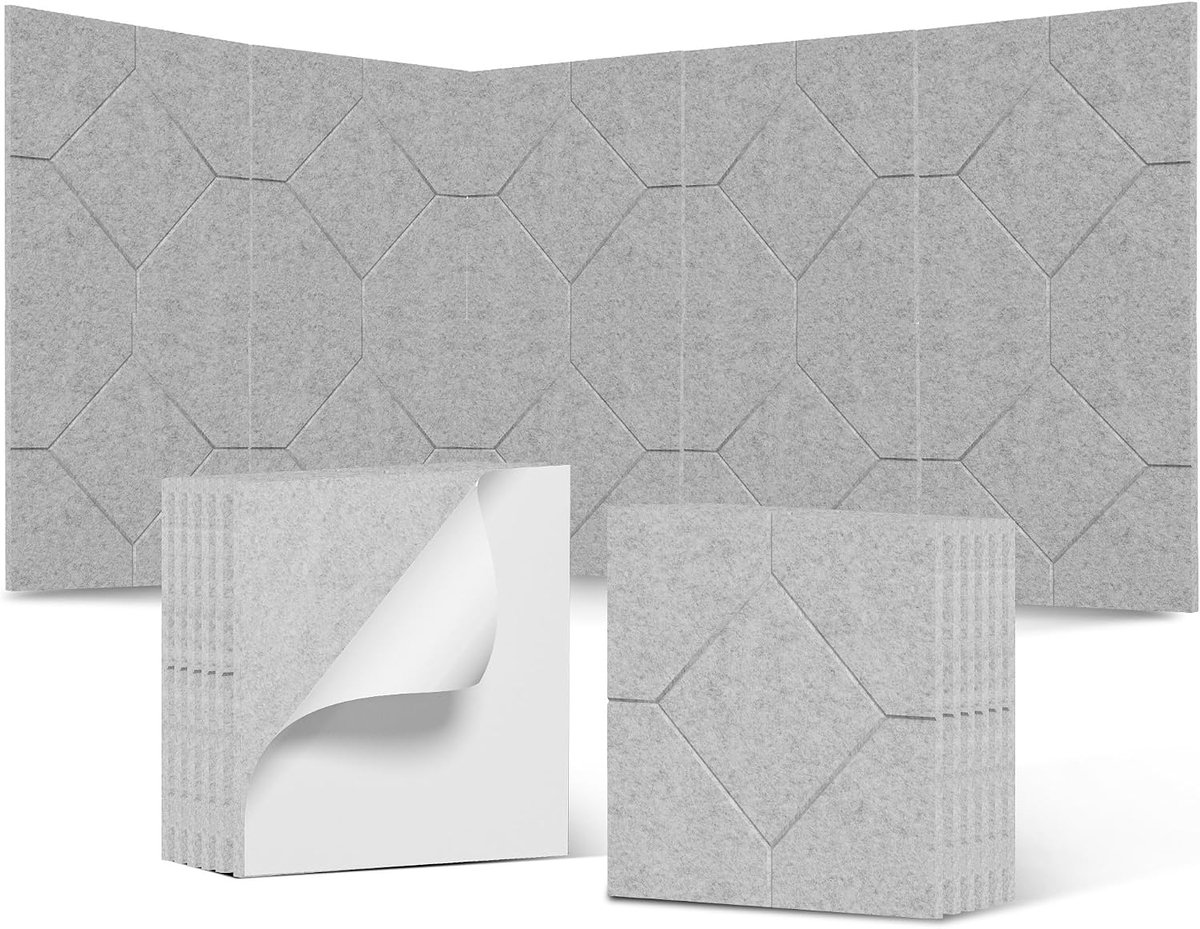 12 Stuks Ruitvorm Zelfklevende Akoestische Panelen 30x30cm, Geluiddempende Polyestervezel Muurpanelen Geluidsisolatie voor Studio, Kantoor en Slaapkamer, Grijs – NAIZY