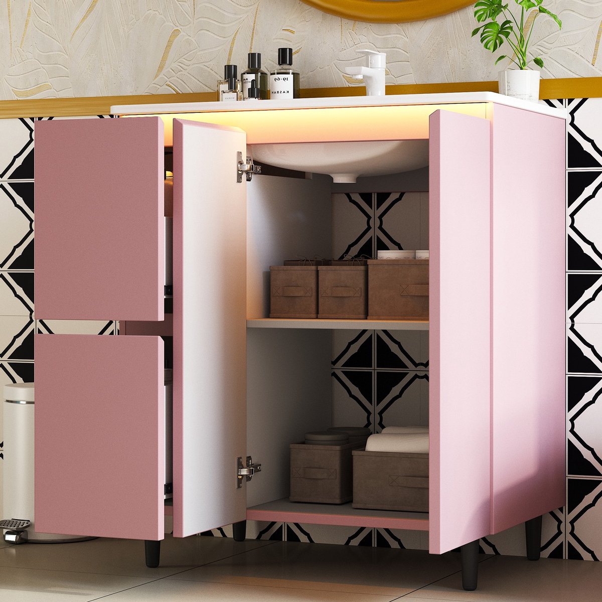 HAUSS SPOLE Halfhoge Kast - Vrijstaande Badkamerwastafel Met LED Sensorlicht En 2 Lades - MDF En Keramiek - 76x47x89 Cm - Roze