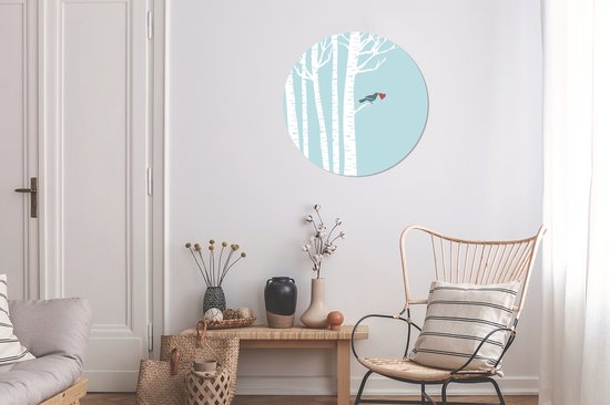 illustration d'un oiseau avec un coeur dans un bouleau Cercle mural aluminium ⌀ 60 cm - impression photo sur cercle mural / cercle vivant / cercle de jardin (décoration murale)