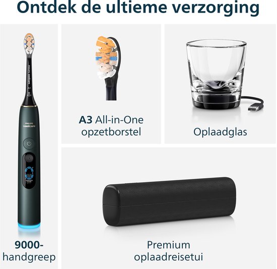 Deel van de Philips Sonicare 9000 DiamondClean: handvat, opzetborstel A3, oplaadglas en reisdoos.