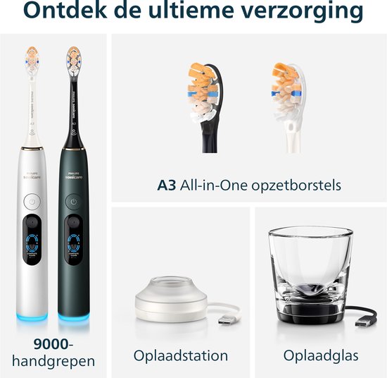 Grootbeeld van de Philips Sonicare 9000 series handgrepen, A3 All-in-One opzetborstels, oplaadstation en glas.