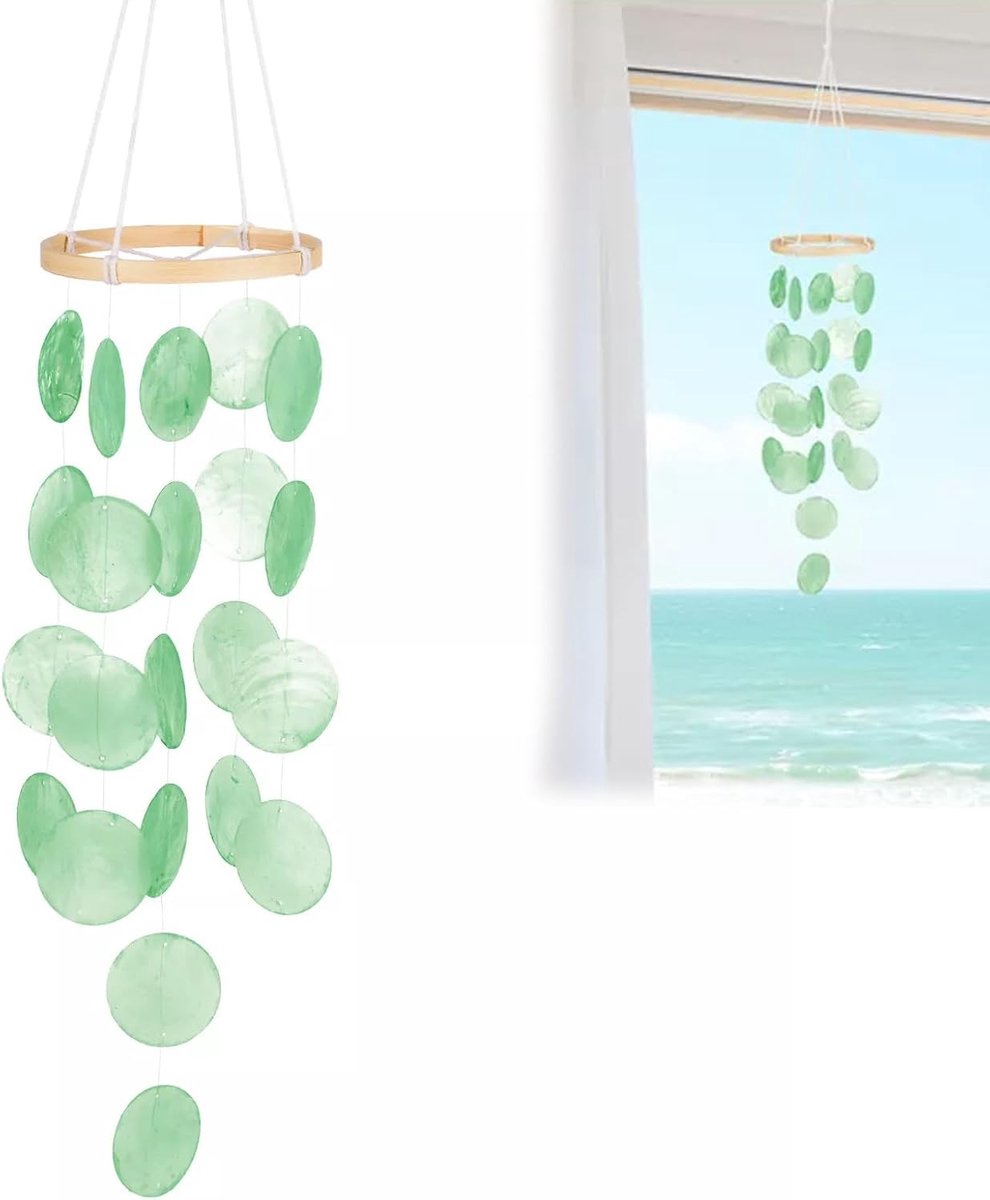Schelp Windgong Voor Buiten, Zeeglas, Parelmoer Schelp, Windspel, Tuin, Hangend, Boho Decoratie, Dromenvanger, Slingers Voor Buiten, Patio, Groen
