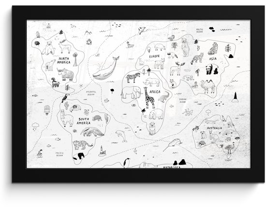 Wereldkaart - Kinderen - Wit - Zwart - Schoolplaat - Kinderkamer - 30x20 cm