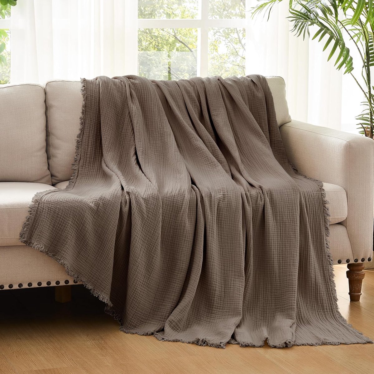 100% katoenen mousseline deken voor volwassenen, 150 x 200 cm, tweepersoons, 4-laags, zacht, lichtgewicht, ademend linnen gaasdeken voor de zomer, voorgewassen katoenen deken, woondecoratie