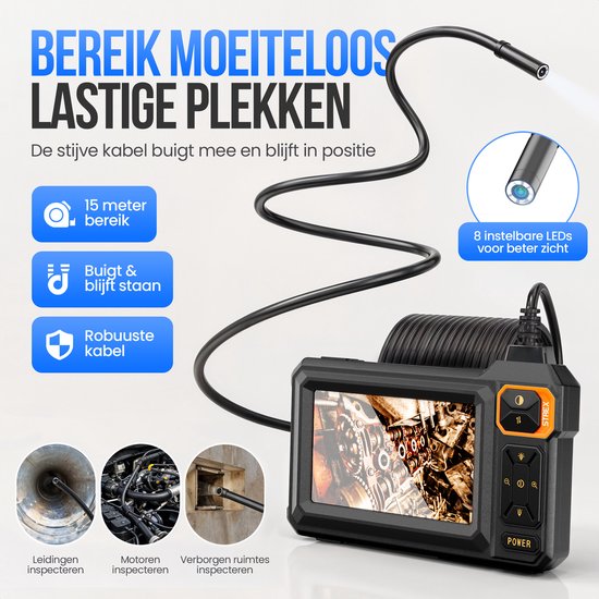Zwarte inspectiecamera met 4.3 inch scherm, 15 meter flexibele kabel en 8 instelbare LED's voor verlichting. Illustreert inspectie van leidingen, motoren en verborgen ruimtes.