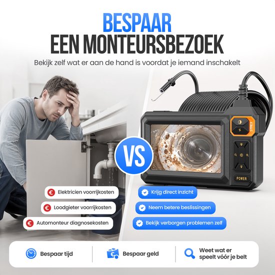 Man kijkt bezorgd naar een lekkende gootsteenpijp. Een inspectiecamera met scherm toont roest in een pijp.