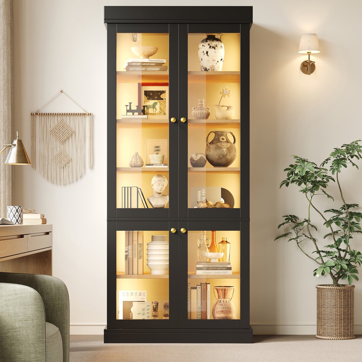 HAUSS SPOLE Vitrinekast - Met LED Verlichting En Glazen Deuren - Voor Woonkamer En Slaapkamer - MDF Glas Metaal - 80x40x180 Cm - Zwart