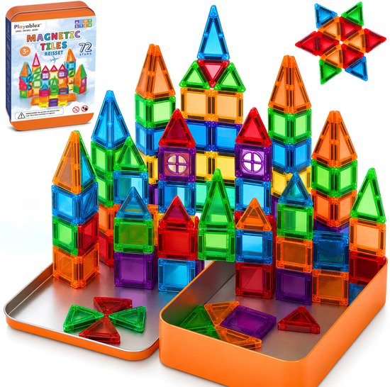 Playablez Mini Magnetic Tiles Travel Set - 72 Stuks - Magnetische Tegels Reisset met Opbergblik - Reisspeelgoed voor Onderweg - Magnetisch Bouwspeelgoed Montessori Speelgoed voor in de Auto in het Vliegtuig - Magna Magneten Speelgoed Jongens Meisjes