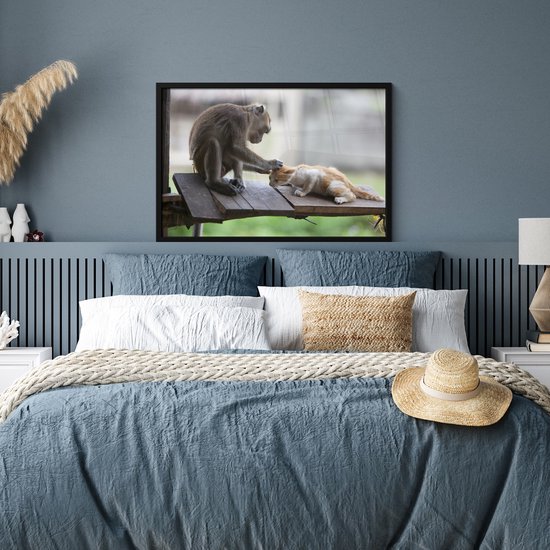Poster in lijst - Fotolijst 90x60 cm - Posters - Kat - Aap - Hout - Posterlijst zwart - Decoratie - Wanddecoratie woonkamer - Muurdecoratie slaapkamer