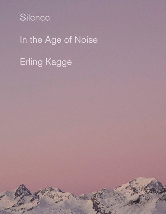 Boekomslag met de titel "Silence In the Age of Noise" door Erling Kagge, tegen een pastelkleurige hemel en besneeuwde bergen.
