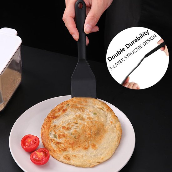 2 stuks zwarte spatel, siliconen spatel, anti-aanbaklaag, siliconen spatel, omkeerbaar, hittebestendig, pannenkoeken, omelet, spatel, spatel, siliconen voor koken, ei, hamburgers, pizza, steak, — afbeelding 4