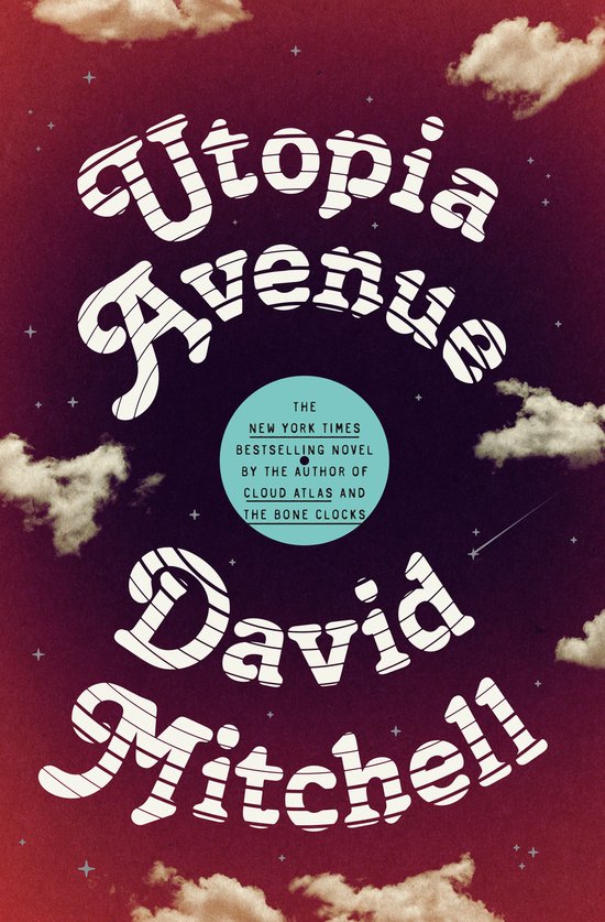 Boekcover 'Utopia Avenue' van David Mitchell, met een nachtelijke hemel met wolken en sterren.