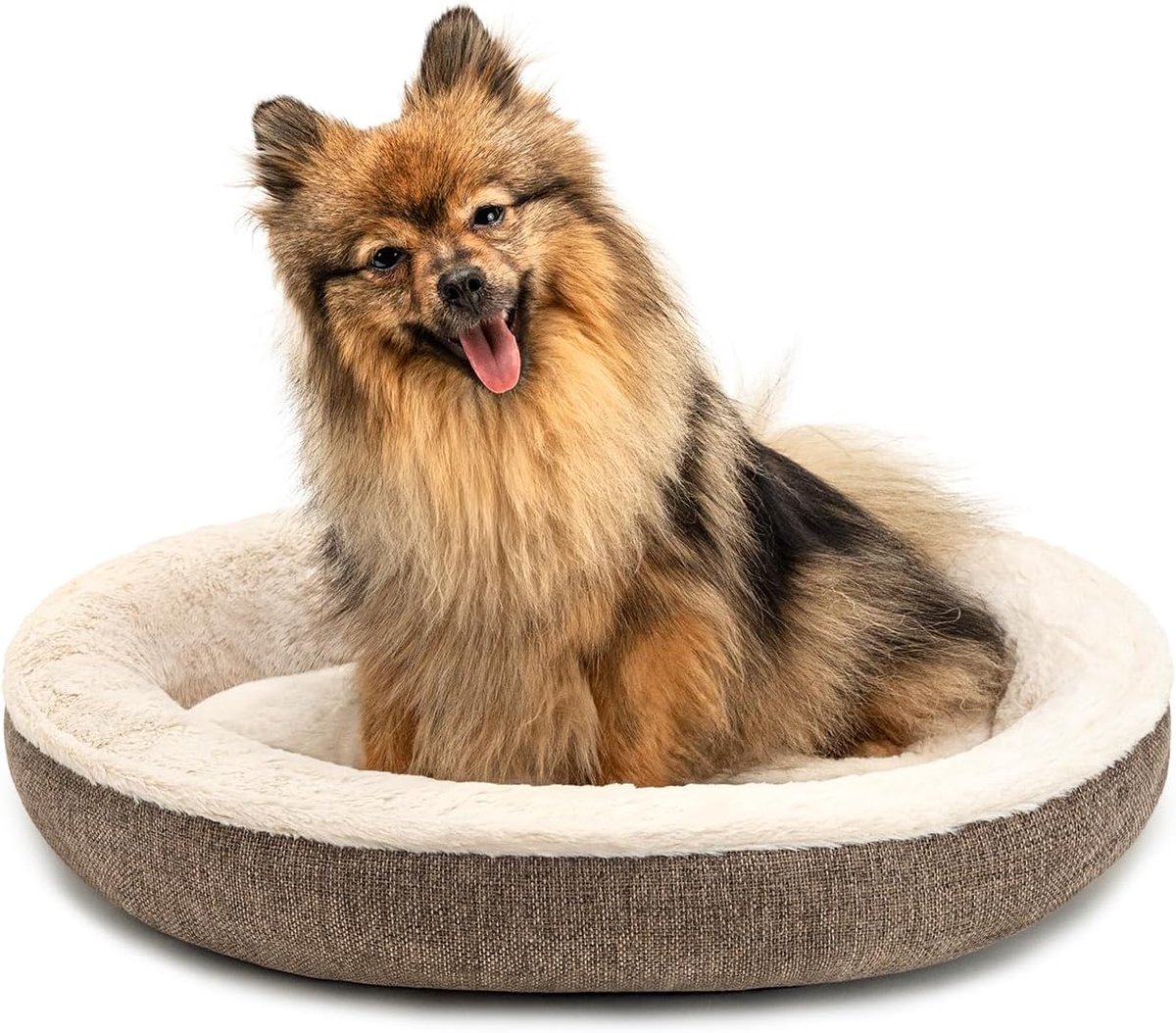 lionto Hondenmandje rond in donutvorm, Ø 55 cm, huisdierenkussen voor honden & katten met wasbare hoes & anti-slip noppen, knus hondenbed van Oxford-linnen & pluche, Bruin