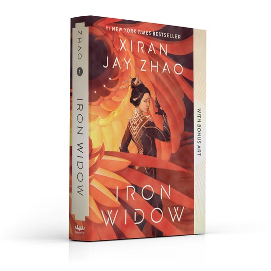 Boekomslag van 'Iron Widow' met een vrouw in traditionele kleding en vuurmotieven. #1 New York Times bestseller.