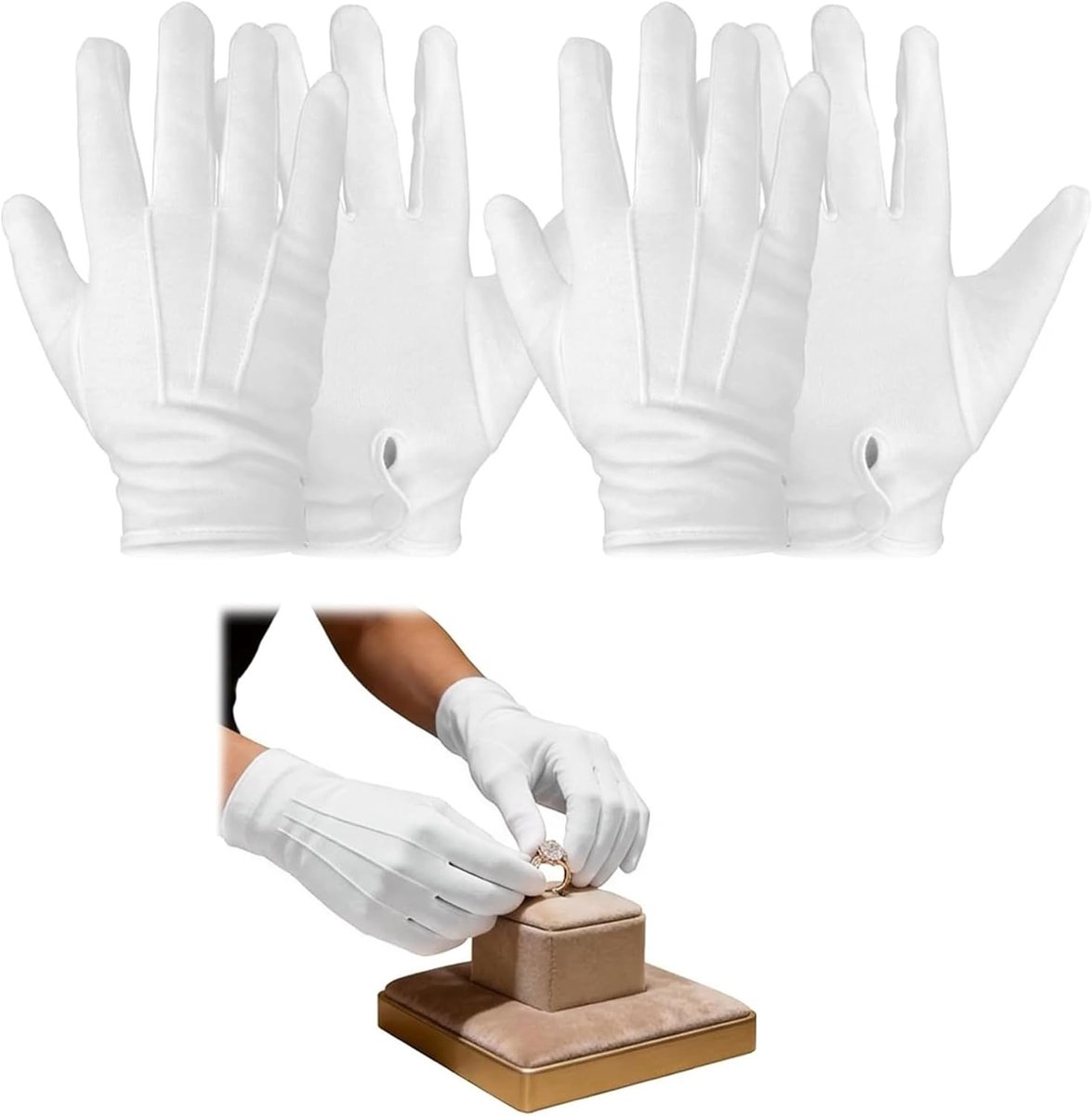 2 paires de gants blancs cousus, pour tenues de cérémonie et manipulation de bijoux, avec fermeture à pression à triple couture, en polyester respirant