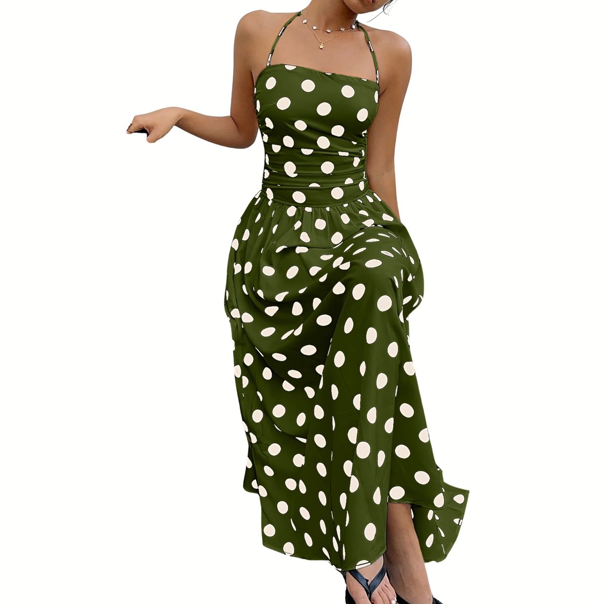 Currero Jurk Met Polkadots Stippen Zomerjurk Dames Zomerjurken Midi Jurk Volwassenen Ibiza Stijl Sundress Dress Varengroen XL