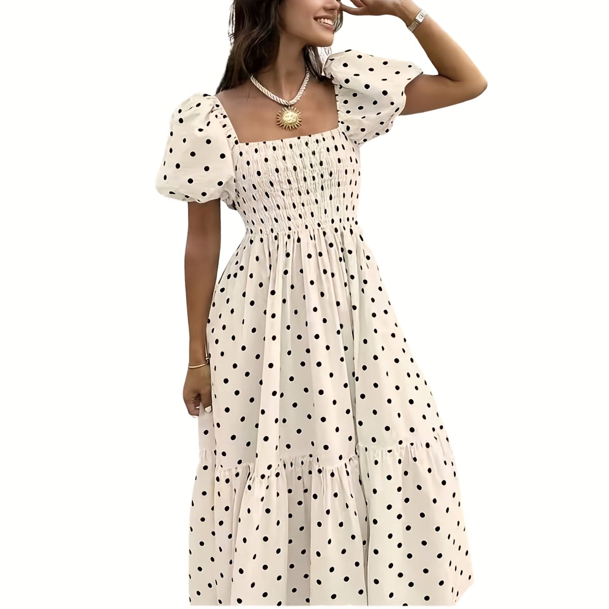 Currero Jurk Met Polkadots Stippen Zomerjurk Dames Zomerjurken Midi Jurk Volwassenen Ibiza Stijl Sundress Dress S Ivoorwit