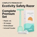 Mintgroen scheerapparaat met houder, verpakking en mesjes. "Ecotivity Safety Razor".