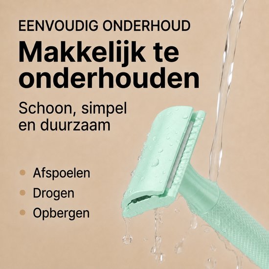 Mintgroen scheerapparaat wordt afgespoeld onder water, met tekst "Makkelijk te onderhouden".