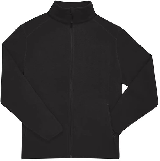 Zwarte fleece trui met rits, hoge kraag en lange mouwen.