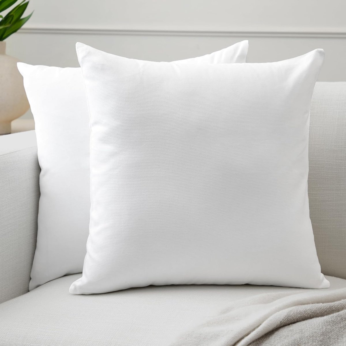Homes Cushion Covers 2pc set (45 x 45 cm) - Wit - Solid Dyed Cotton Canvas, Decoratieve Grote Vierkante Wasbare Kussenhoesjes voor Woonkamer, Sofa, Slaapkamer, Huis & Hotel