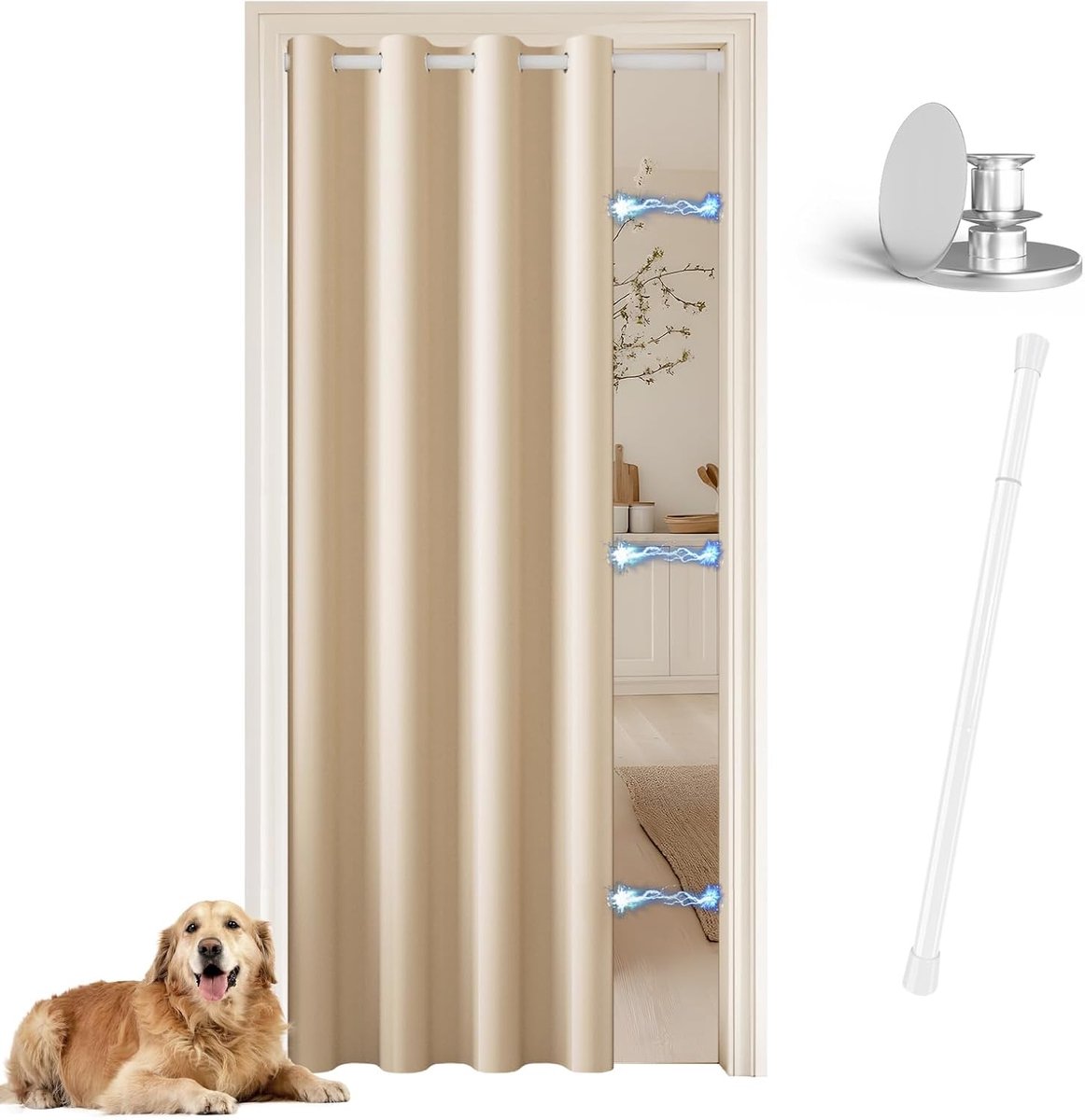 gordijn voor binnen, met uittrekbare stangen, voor beige deur en magneetknoppen, 1 stuks, L 132 x H 195 cm, ondoorzichtig met ringen, drukstang 70-125 cm