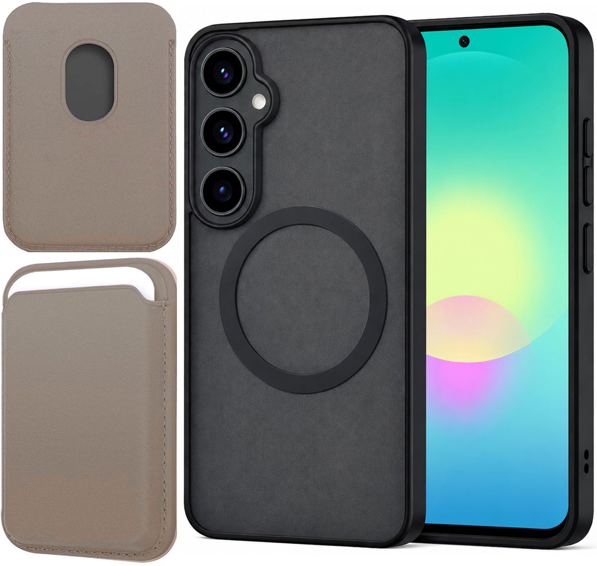 Hoesje + Pasjeshouder geschikt voor Samsung Galaxy A27 5G - Portemonnee geschikt voor MagSafe - Magnetisch - Pasjes Houder - Creditcardhouder - Taupe