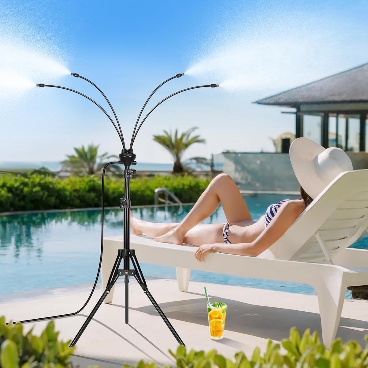 Staande vernevelaar voor terras – Verstelbare hoogte (ca. 80–160 cm), vernevelingsslang van 8 meter, draagbaar koelsysteem voor buiten met statief, ideaal voor tuin, zwembad of barbecuefeest.