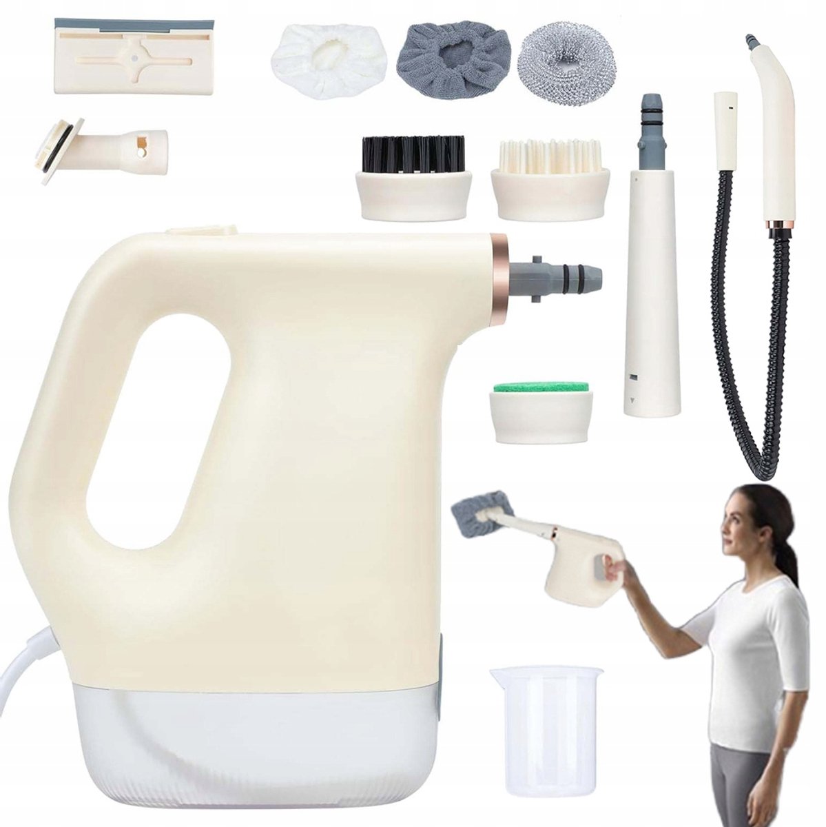 Hogedrukstoomreiniger van 1200 W – Uitgerust met een waterreservoir van 450 ml – Handheld stoomreiniger – Voor het reinigen van vetvlekken in de keuken – Geschikt voor het reinigen van autostoelen en meubels – 23,3*7,9*24 cm – Gebroken wit