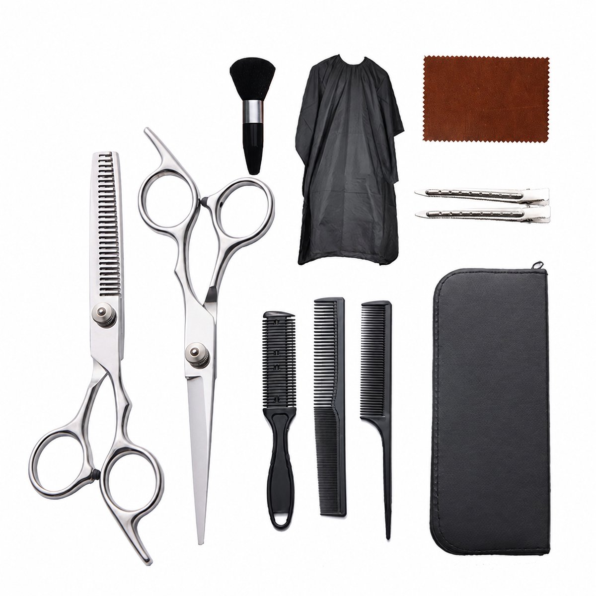 Complete Kappersset - Kappersset 11-delig - Uitdunschaar Kapper - Hair Scissors - Coupeschaar - Haarschaar Set - Met Opbergetui - Voor Thuis Knippen en Stylen - Zilver