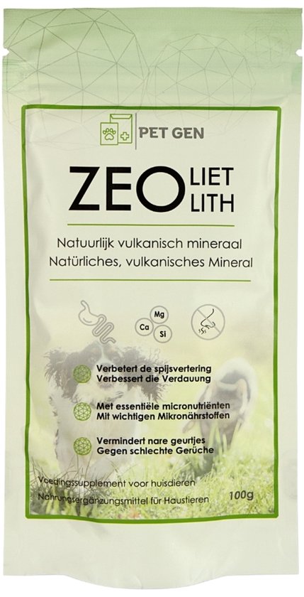 Een zakje van 100g Pet Gen Zeoliet lith, natuurlijk vulkanisch mineraal. Achtergrond met grijze patronen.