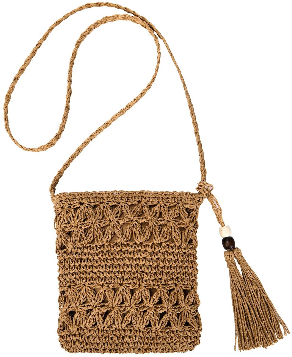 Dailygoods - Aucuu Strotas voor dames, vintage, strandtas met kwastjes, strand, stro, handtas, crossbody tas voor damesreizen en vakantie, #2 Bruin, 27*21*2 cm