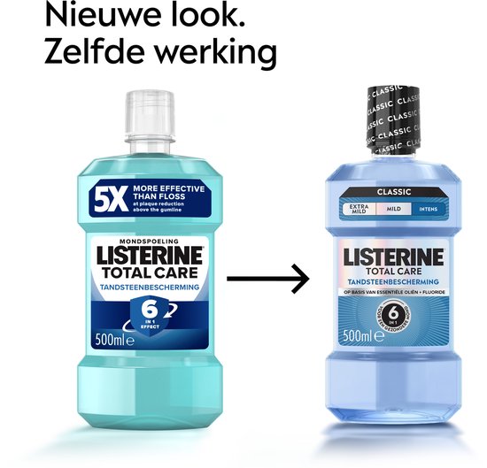 Vergelijking van oude en nieuwe Listerine Total Care fles, met pijl en de tekst "Nieuwe look. Zelfde werking".