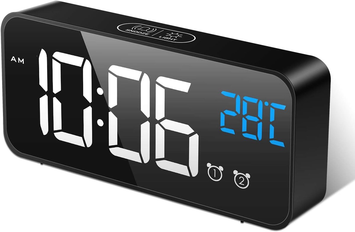 Digitale LED wekker met spiegeldisplay, oplaadbaar en spraakgestuurd, dubbele alarmen, 13 geluiden, niet tikkend, instelbaar volume en helderheid
